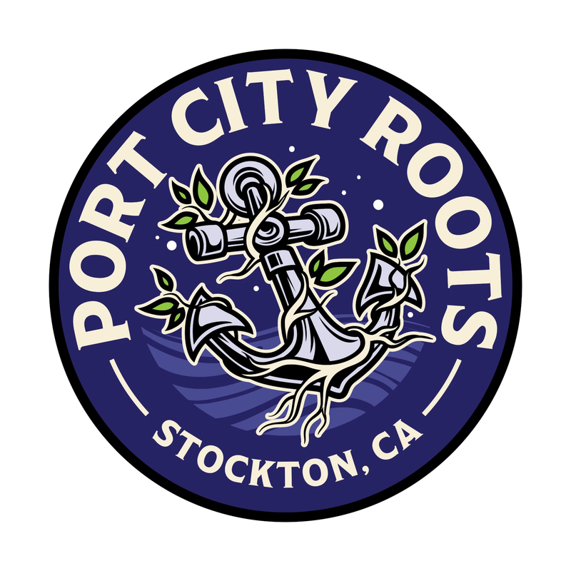 Port City Roots logo, an anchor with roots, Stockton CA